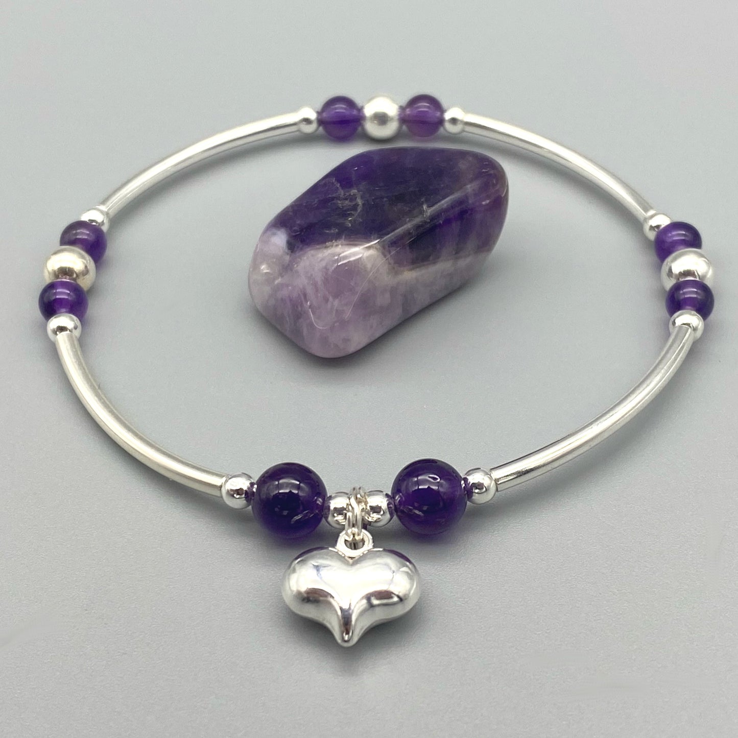 Heart Charm Amethyst Sterling Silver Women's Stacking Bracelet by My Silver Wish