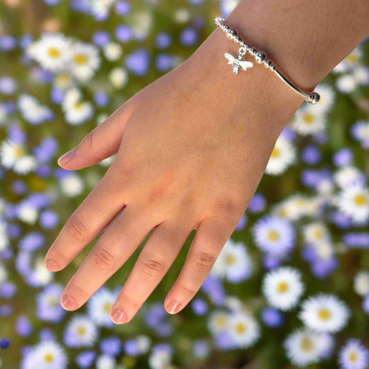 Bee charm sterling silver stacking stretch bracelet for her by My Silver Wish