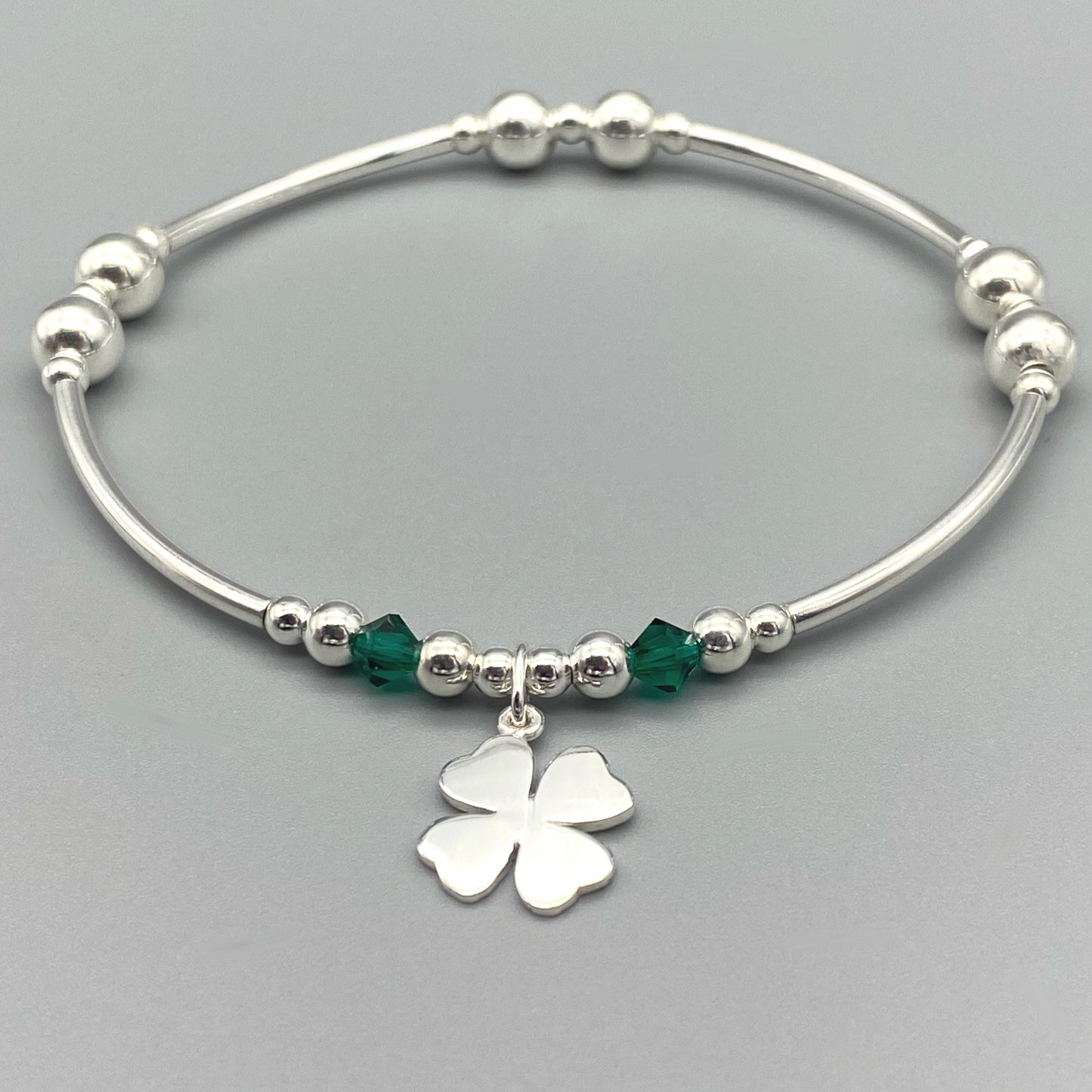 "Good Luck" charm four leaf clover sterling silver hand-made stacking bracelet by My Silver Wish