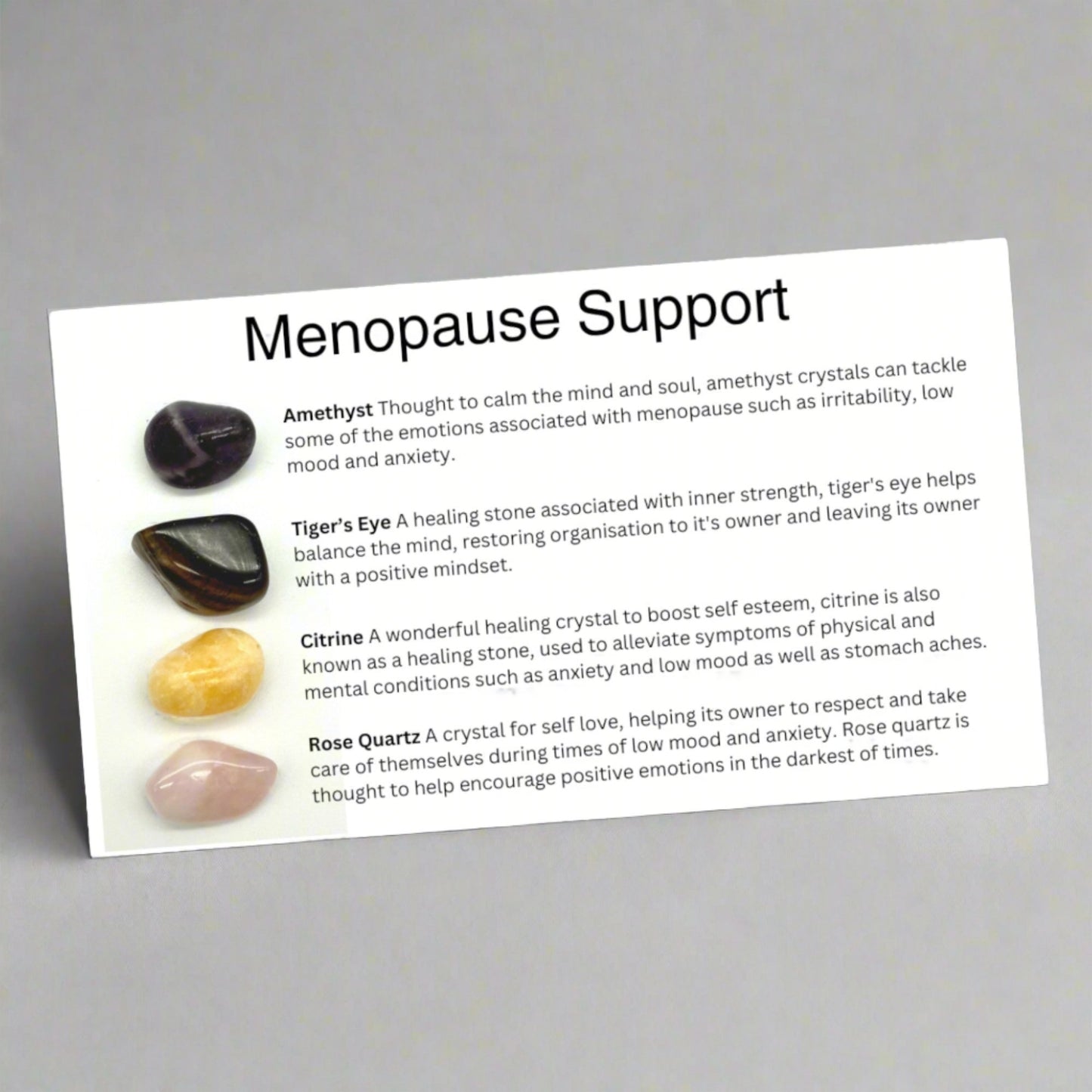 List of healing crystals associated with supporting menopause - amethyst, tiger's eye, citrine, rose quartz - by My Silver Wish