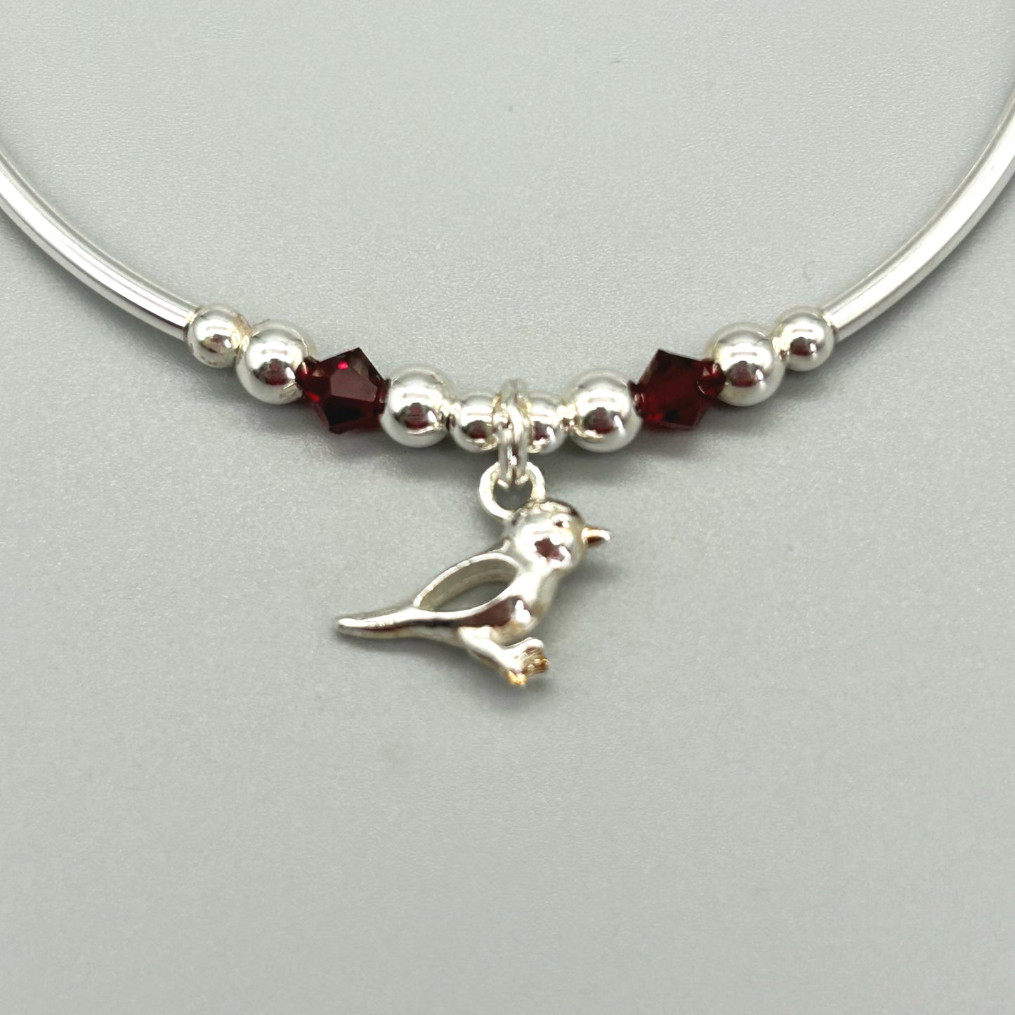 Robin charm red crystal sterling silver stacking bracelet for her