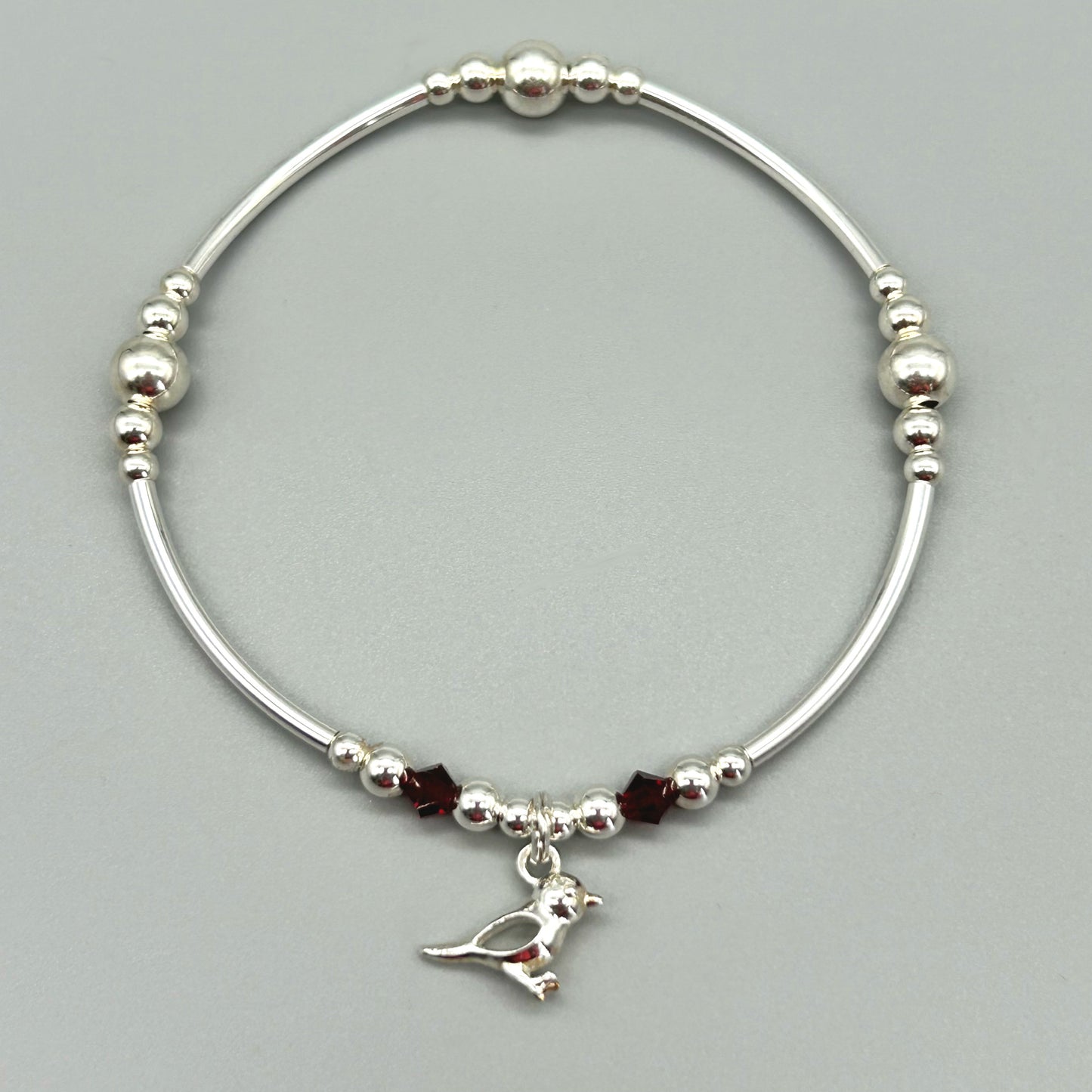 Robin charm red crystal sterling silver stacking bracelet for her