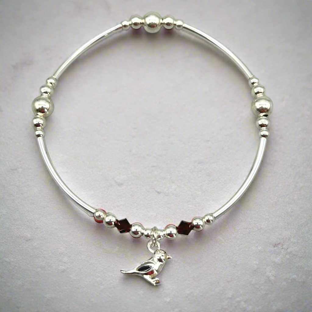 Robin charm red crystal sterling silver stacking bracelet for her