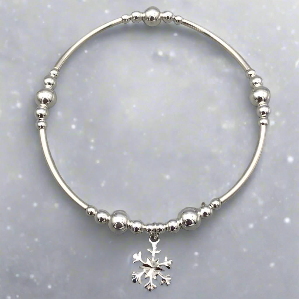 Snowflake charm sterling silver stacking bracelet for her