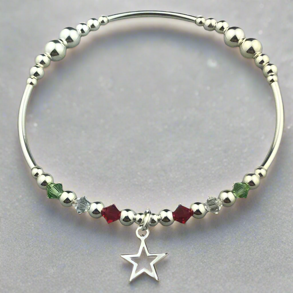 Christmas open star charm sterling silver hand-made women's stacking bracelet