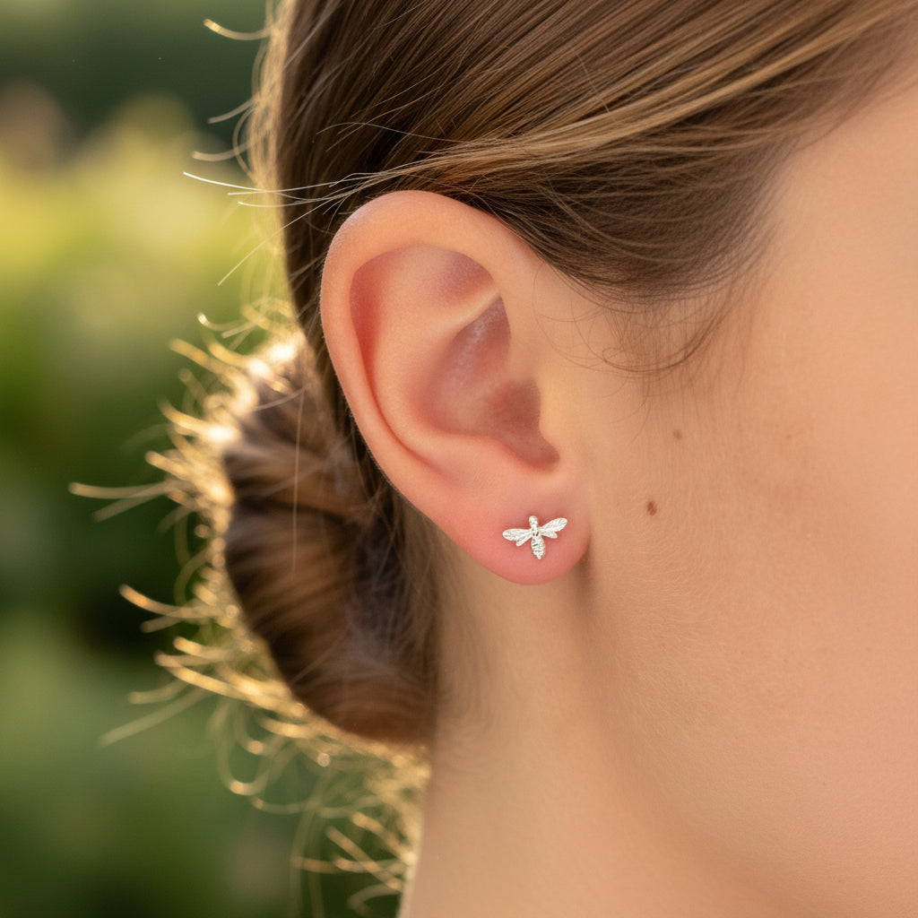 Bee charm sterling silver stud earrings by My Silver Wish