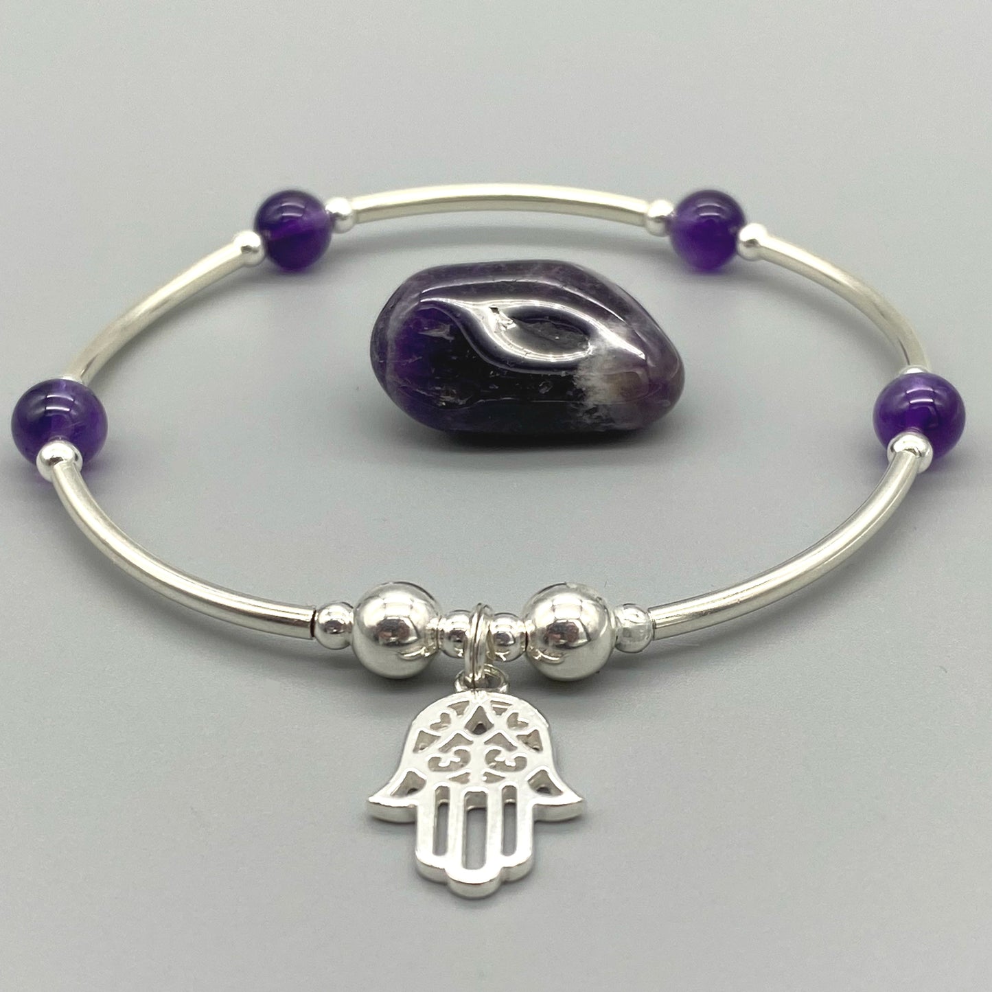 Hamsa Hand Charm Amethyst Healing Crystal Sterling Silver Women's Stacking Bracelet by My Silver Wish