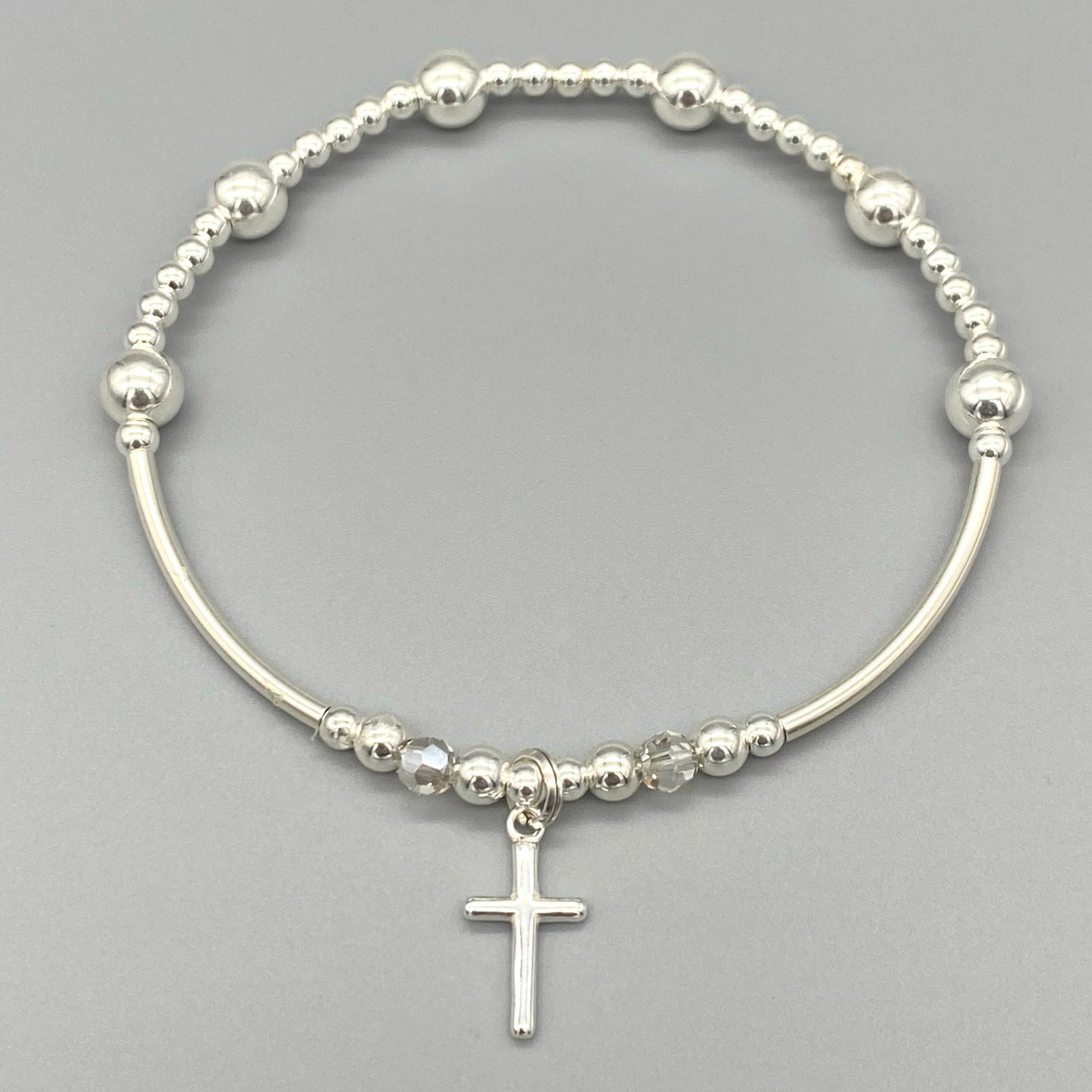 Cross Charm & Crystal Beads Sterling Silver Stacking Bracelet for her by My Silver Wish