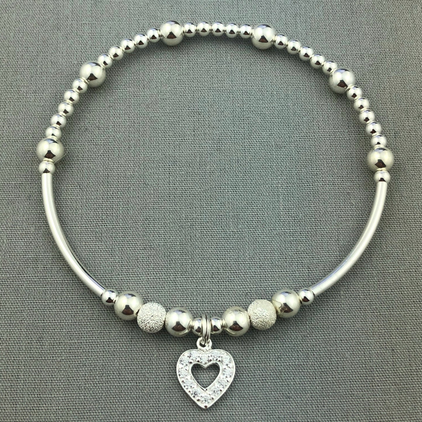 Crystal heart charm sterling silver stacking charm bracelet by My Silver Wish