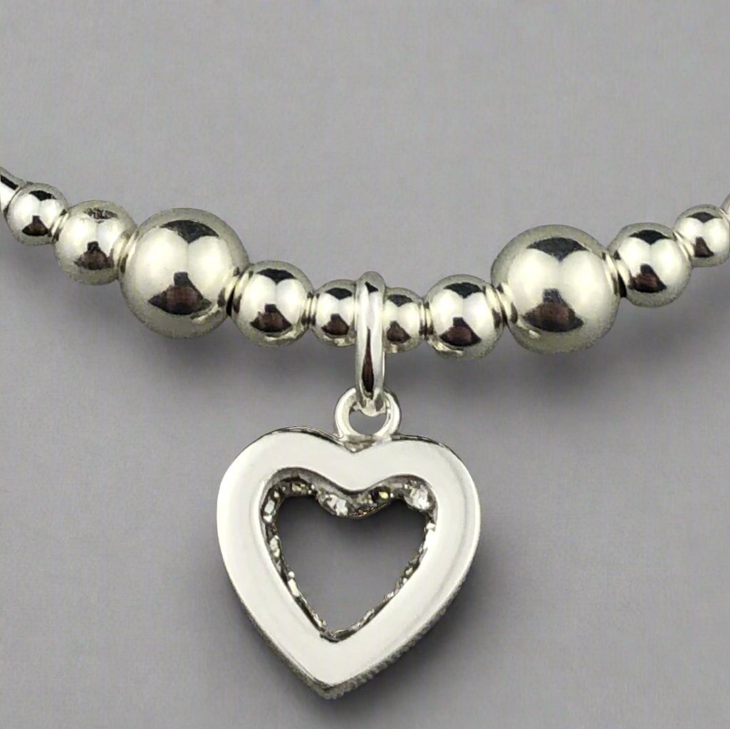 Crystal heart charm sterling silver hand-made girls stacking bracelet