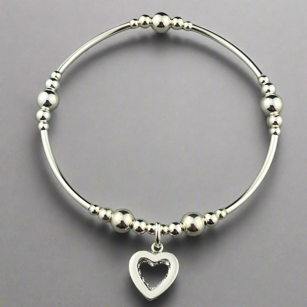 Crystal heart charm sterling silver hand-made girls stacking bracelet