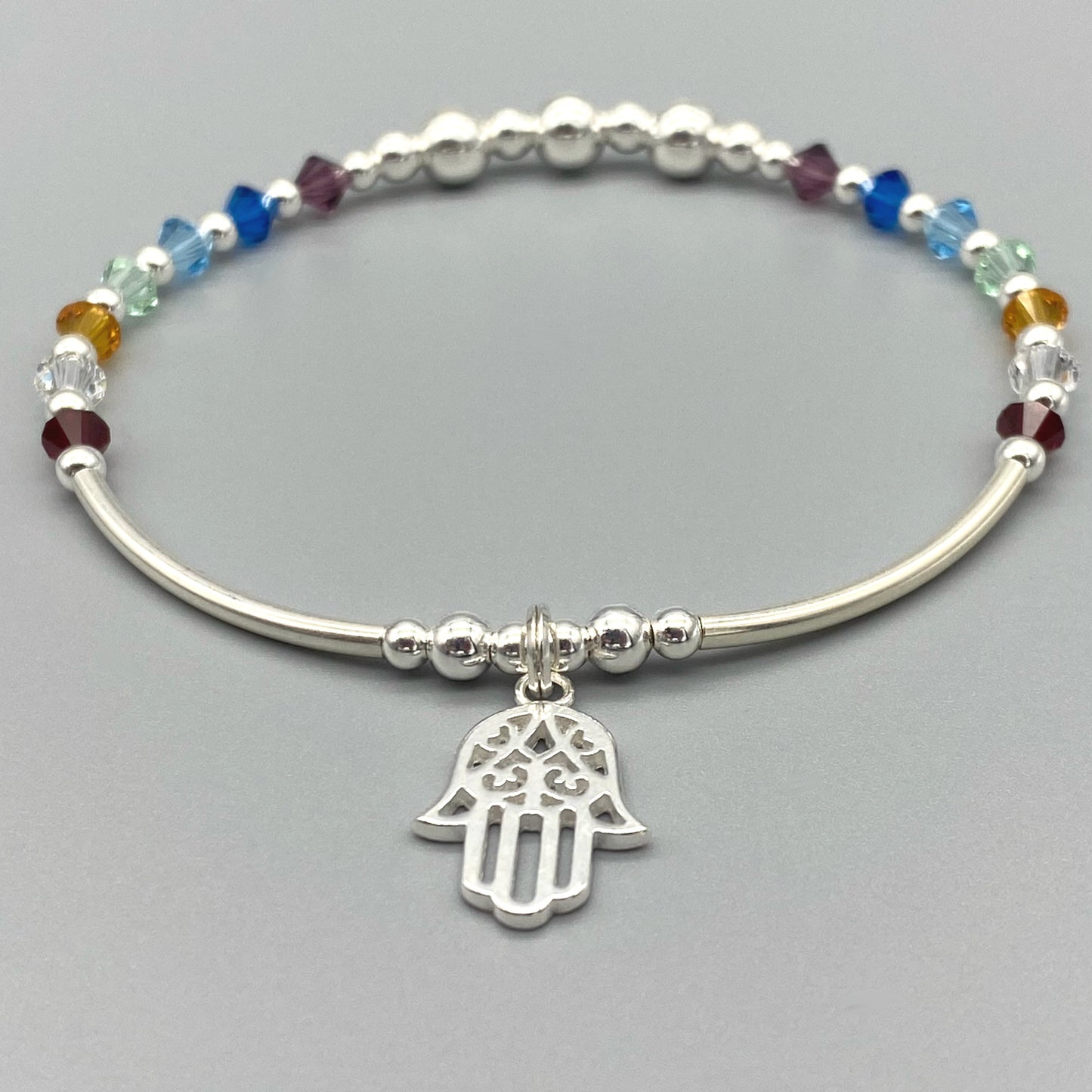 Hamsa hand charm chakra crystal sterling silver stacking bracelet for her by My Silver Wish