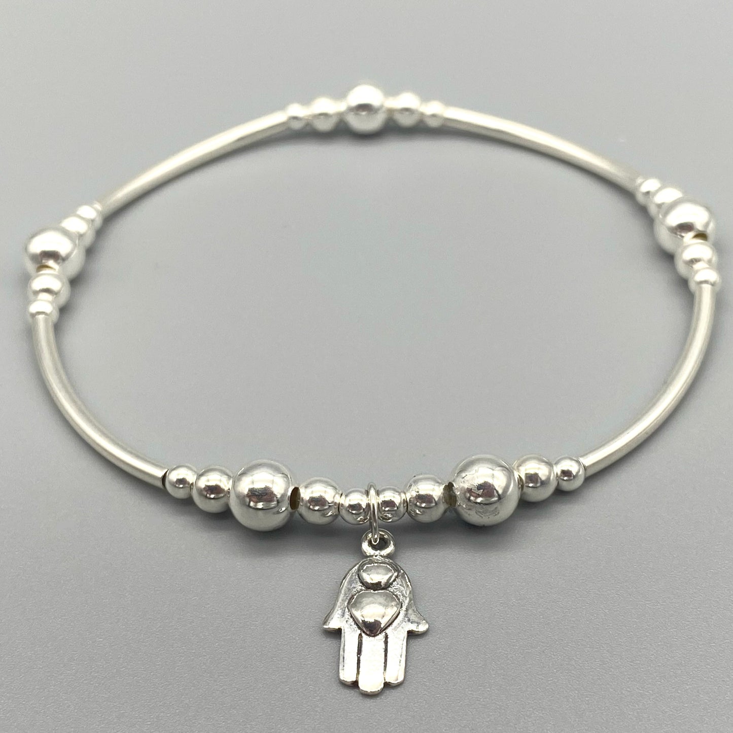 Hamsa hand hearts charm sterling silver stacking bracelet for her by My Silver Wish