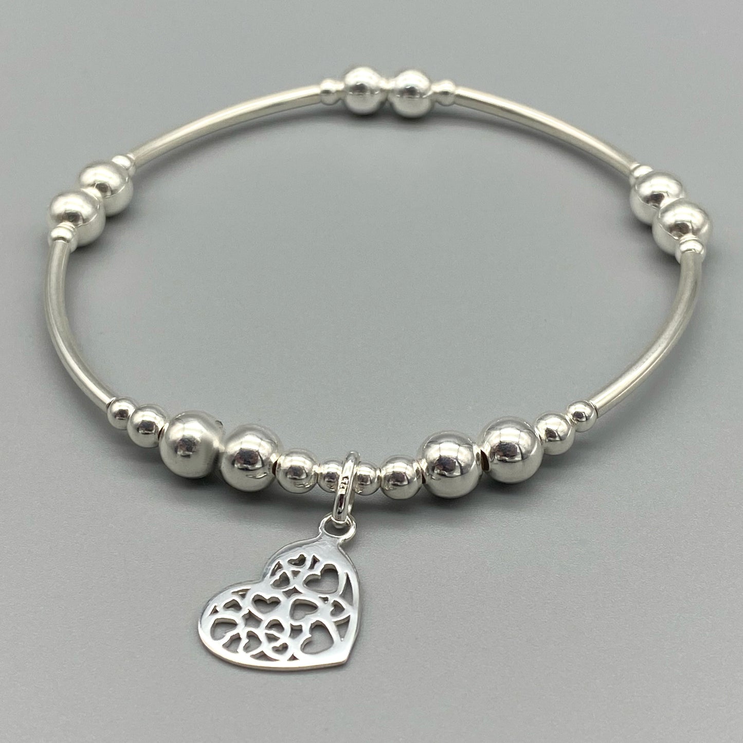 Heart charm filigree sterling silver hand-made women's stacking bracelet by My Silver Wish