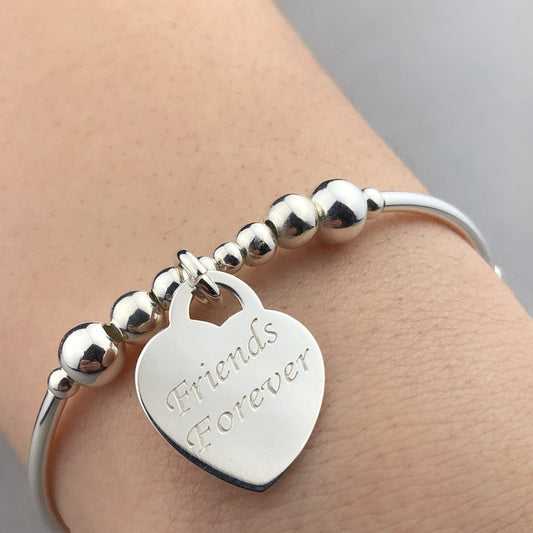 "Friends Forever" heart charm sterling silver stacking bracelet for her by My Silver Wish