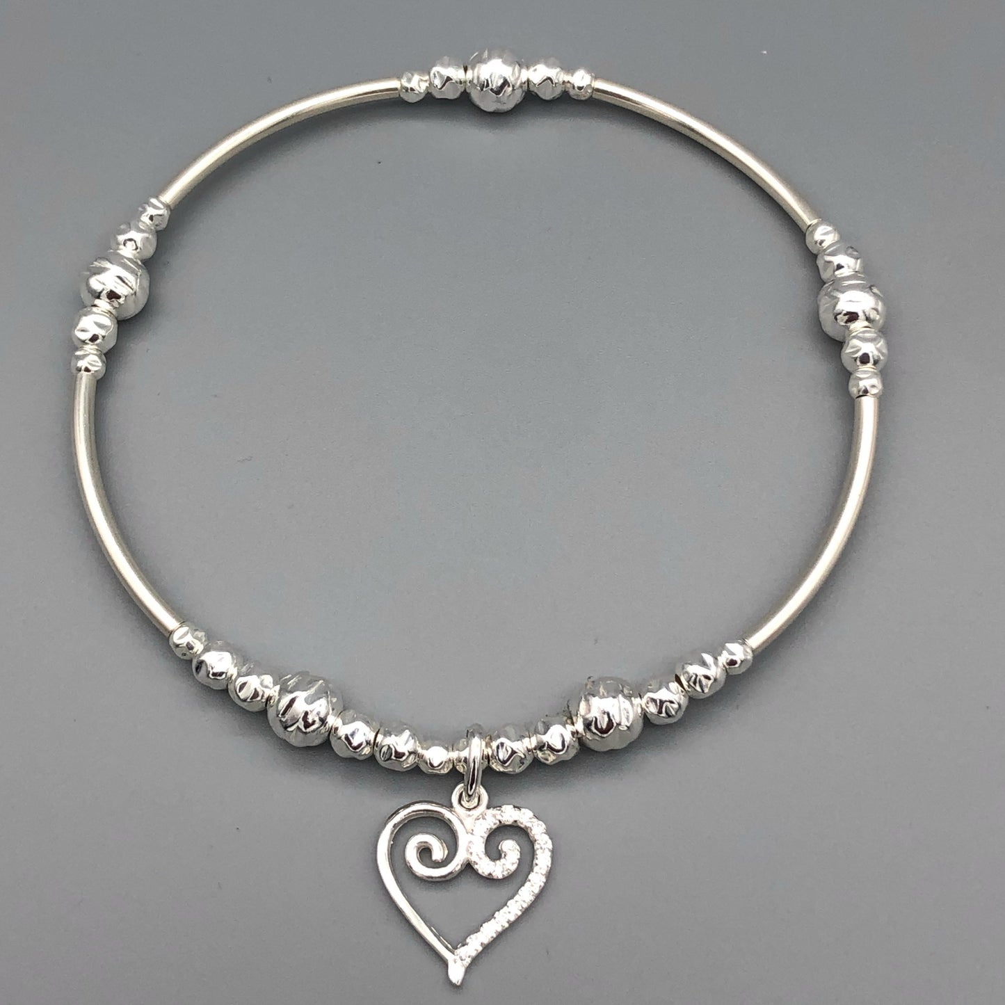Scroll heart charm sterling silver hand-made women's stacking bracelet by My Silver Wish