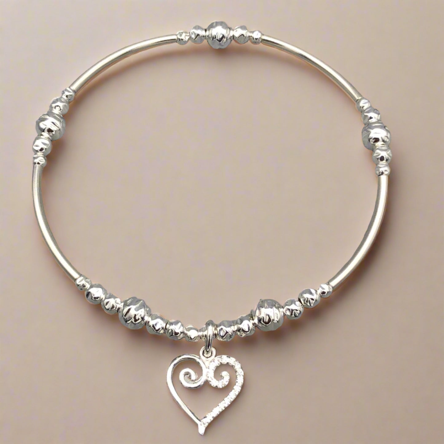Scroll heart charm sterling silver hand-made women's stacking bracelet by My Silver Wish