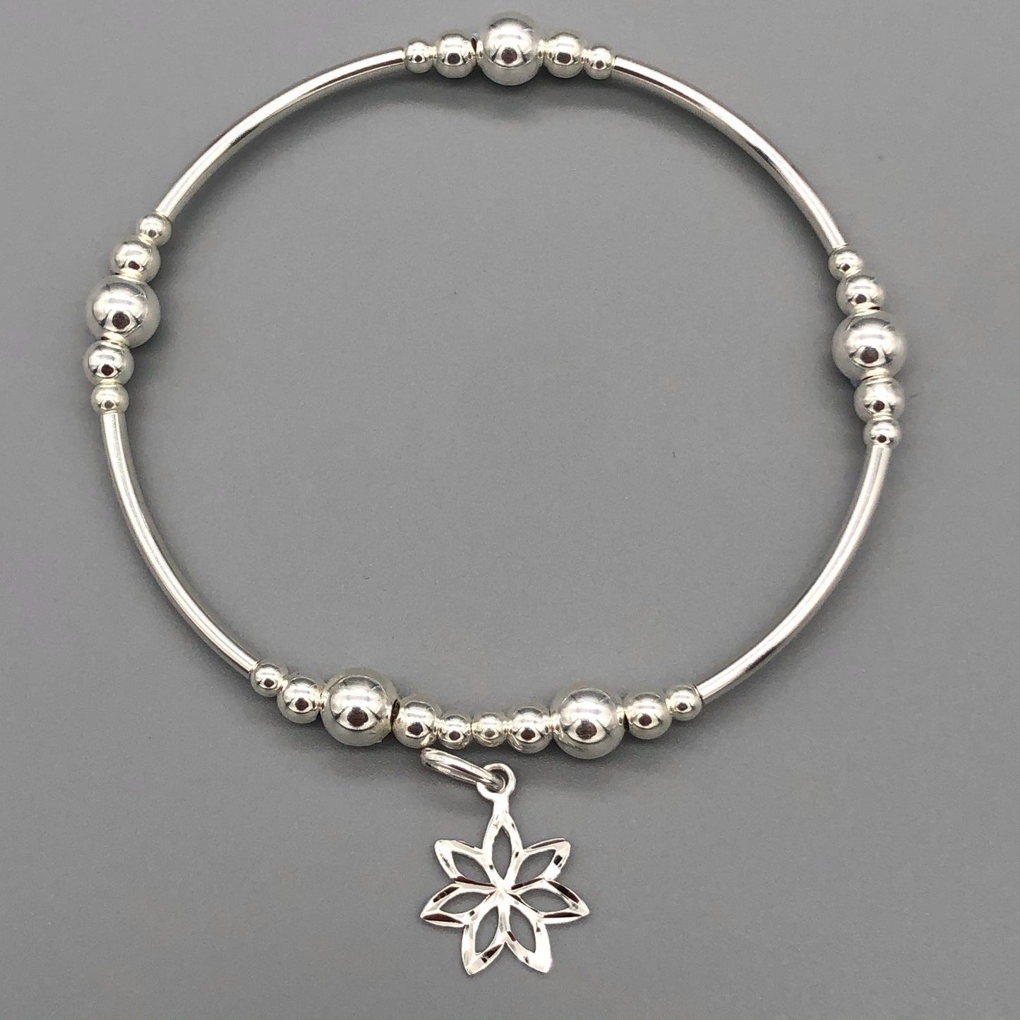 Lilly flower charm women's sterling silver stack bracelet