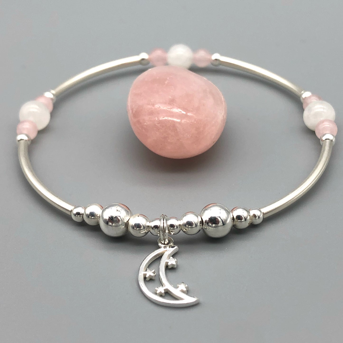 Moon & Stars Charm Women's Moonstone Rose Quartz Silver Stacking Bracelet by My Silver Wish