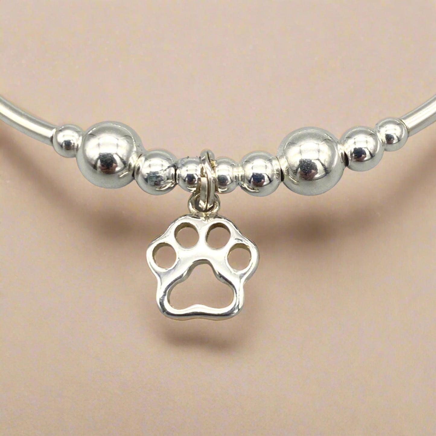Closeup of Cat Paw Charm Women's Sterling Silver Stacking Bracelet by My Silver Wish