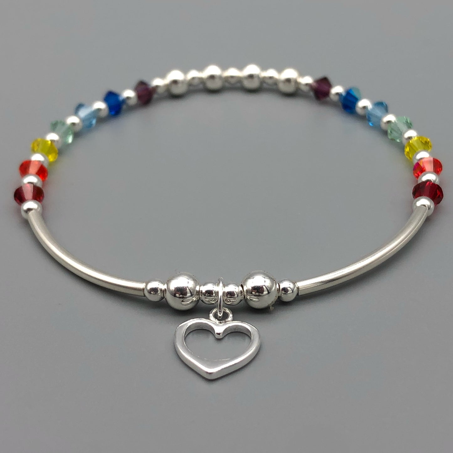 Heart Charm Rainbow Crystals Sterling Silver Women's Stacking Bracelet by My Silver Wish