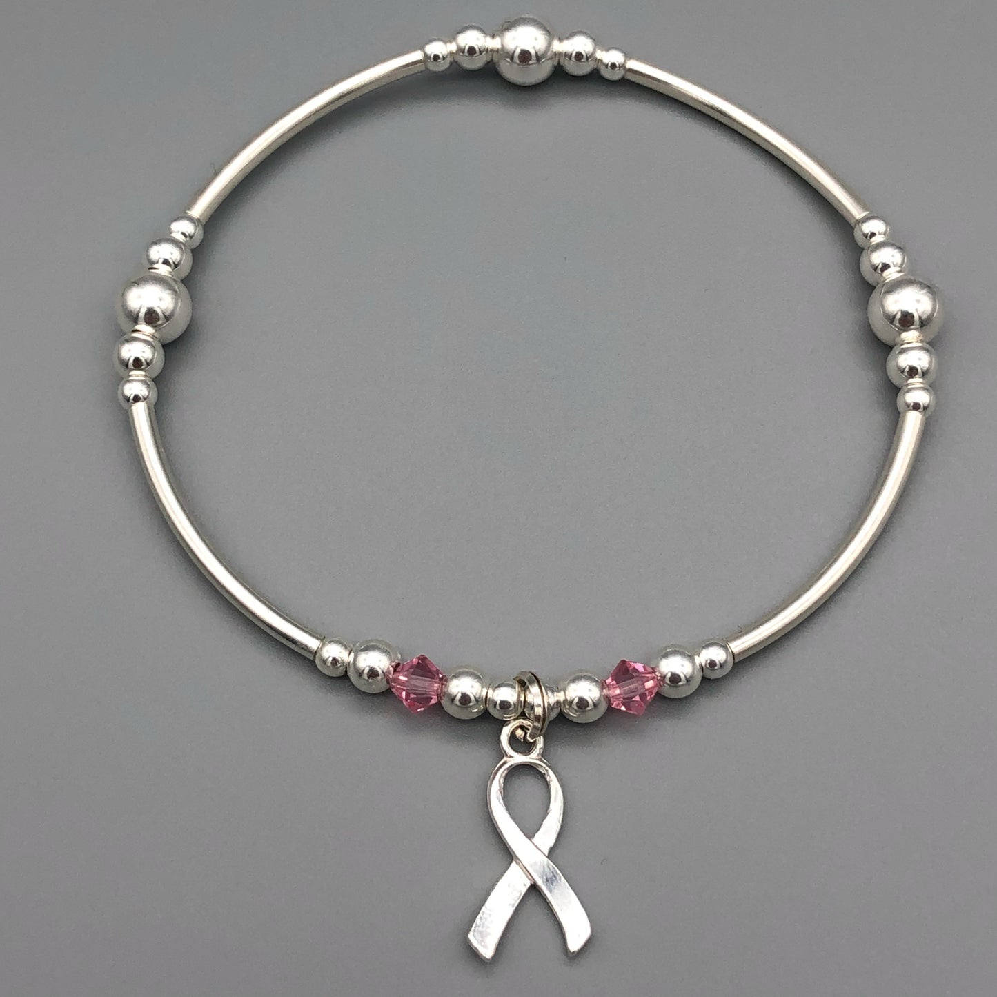 Breast Cancer Awareness Ribbon charm sterling silver women's stacking bracelet by My Silver Wish