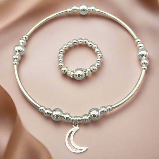 Moon charm sterling silver stacking bracelet & ring jewellery set for her by My Silver Wish