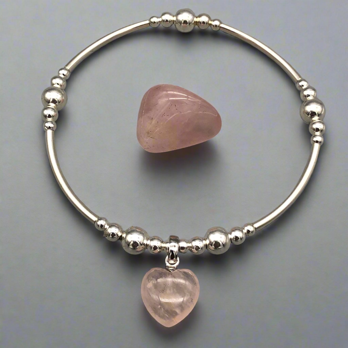 Rose quartz solid heart charm sterling silver hand-made women's stacking bracelet