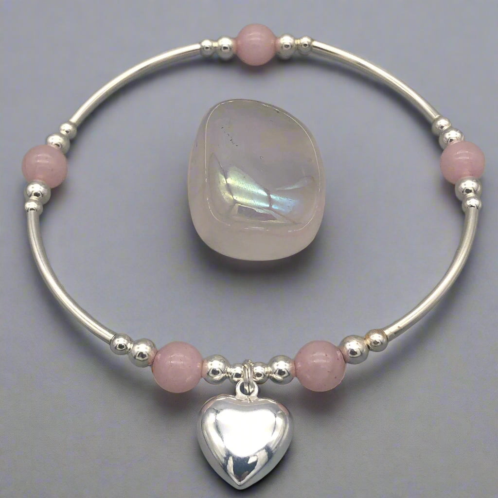Rose quartz solid heart charm sterling silver hand-made stacking bracelet for her by My Silver Wish