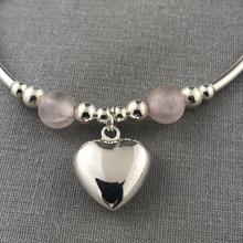 Heart charm sterling silver and rose quartz women's stacking bracelet & ring set