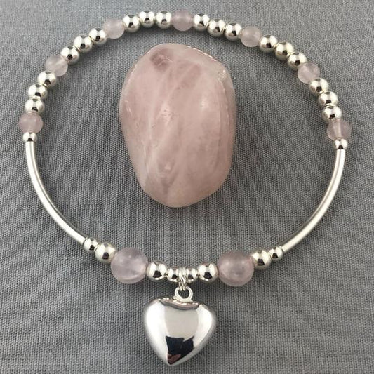 Heart charm sterling silver and rose quartz women's stacking bracelet & ring set
