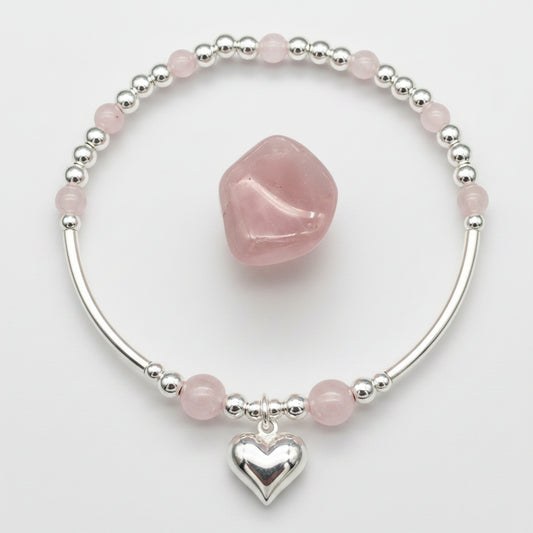 Puff heart charm sterling silver and Rose Quartz hand-made women's stacking bracelet by My Silver Wish