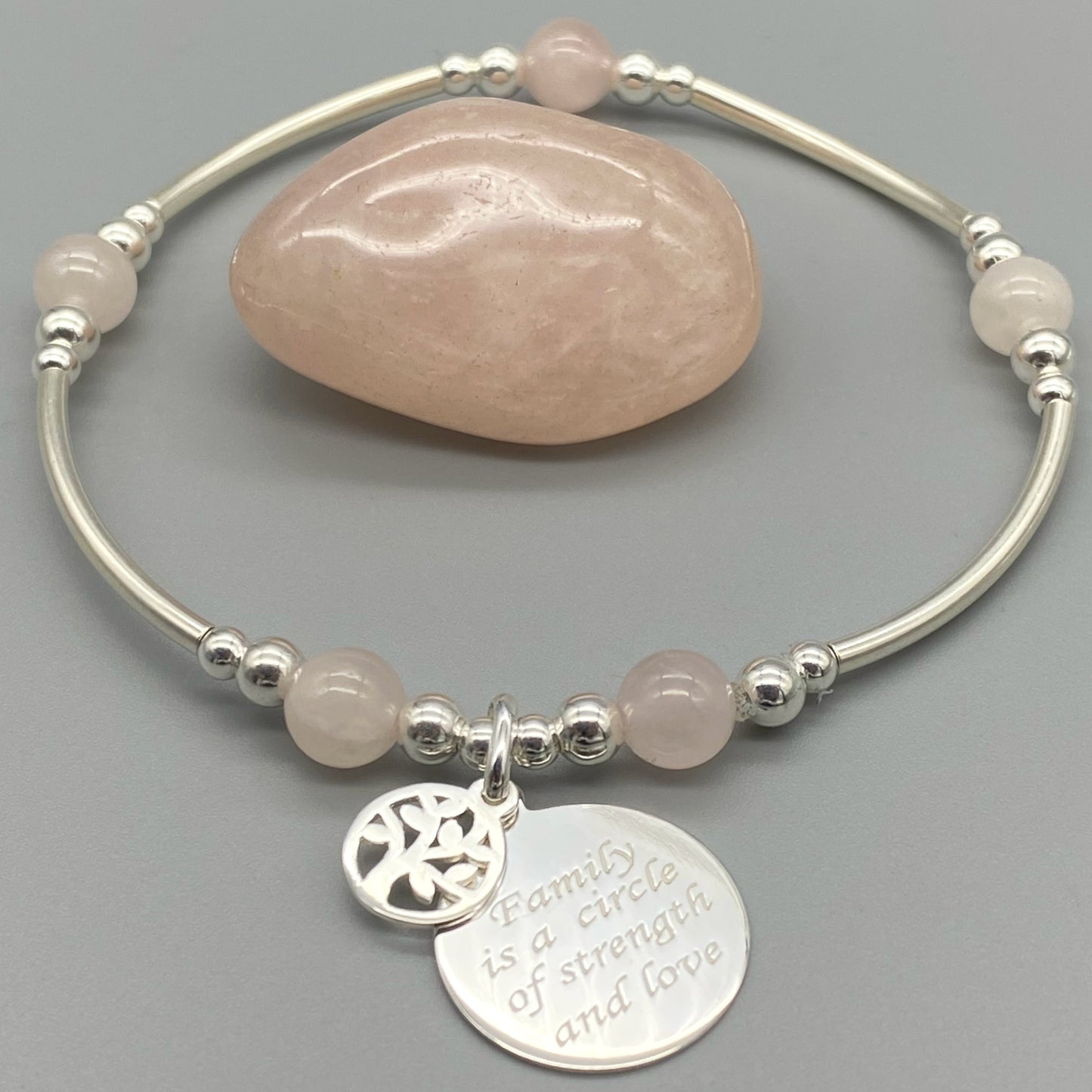 "Family is a circle of strength & love" charm rose quartz women's sterling silver stacking bracelet by My Silver Wish