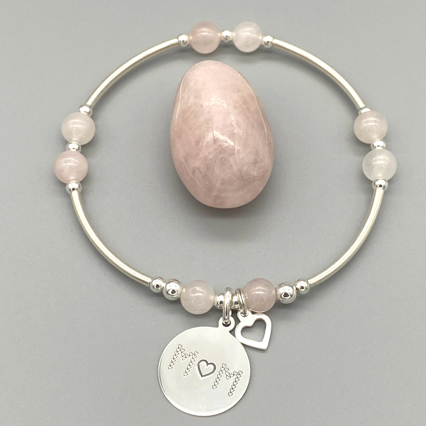 "Mother's Love is Like No Other" heart charm silver rose quartz women's stacking bracelet by My Silver Wish