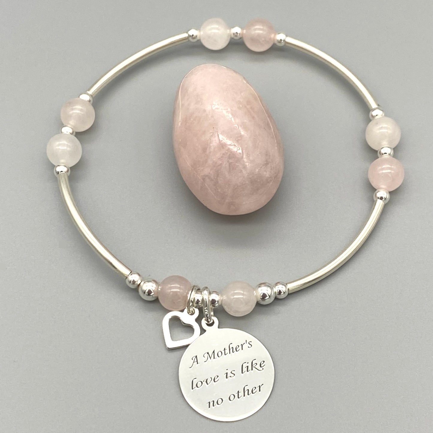 "Mother's Love is Like No Other" heart charm silver rose quartz women's stacking bracelet by My Silver Wish
