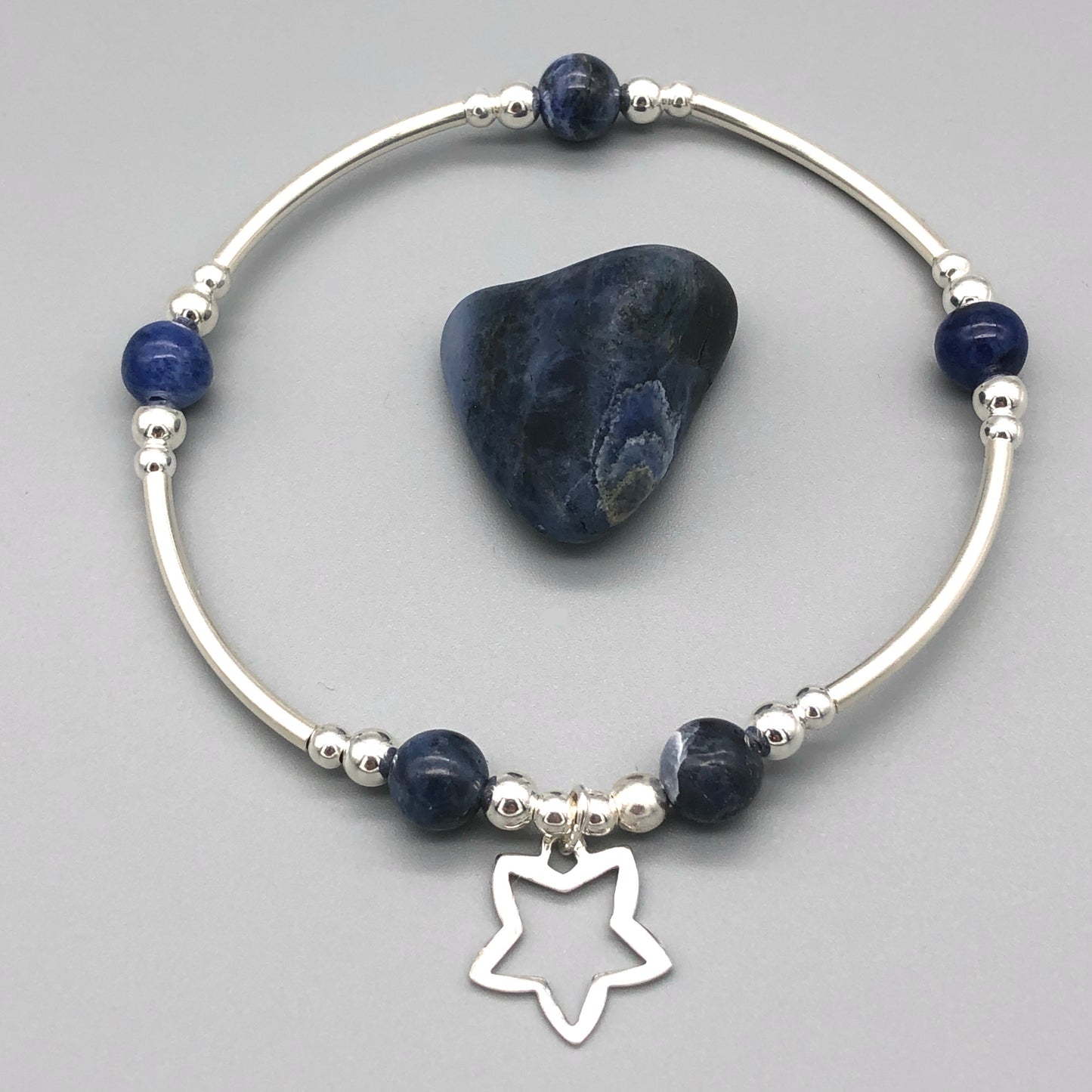Star charm sodalite healing stone & sterling silver beads women's stacking bracelet by My Silver Wish