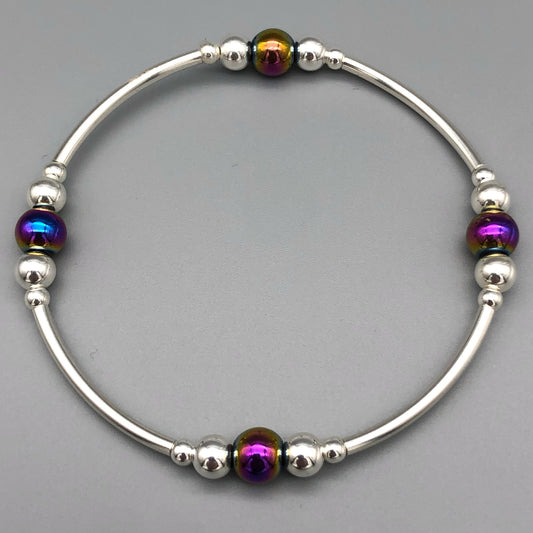 Rainbow hematite beaded sterling silver women's stacking bracelet & ring set