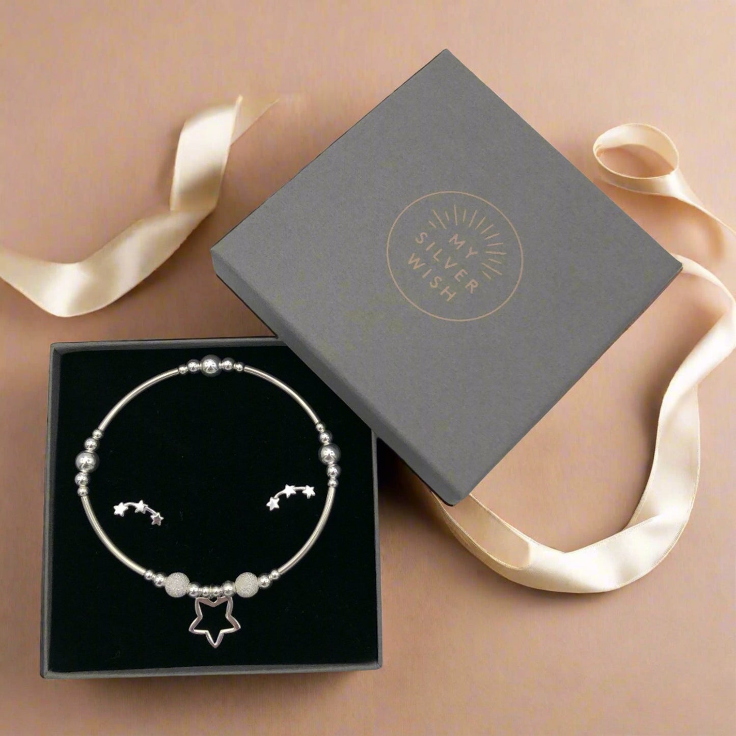 Open Star charm sterling silver hand-made women's stacking bracelet and earring gift set