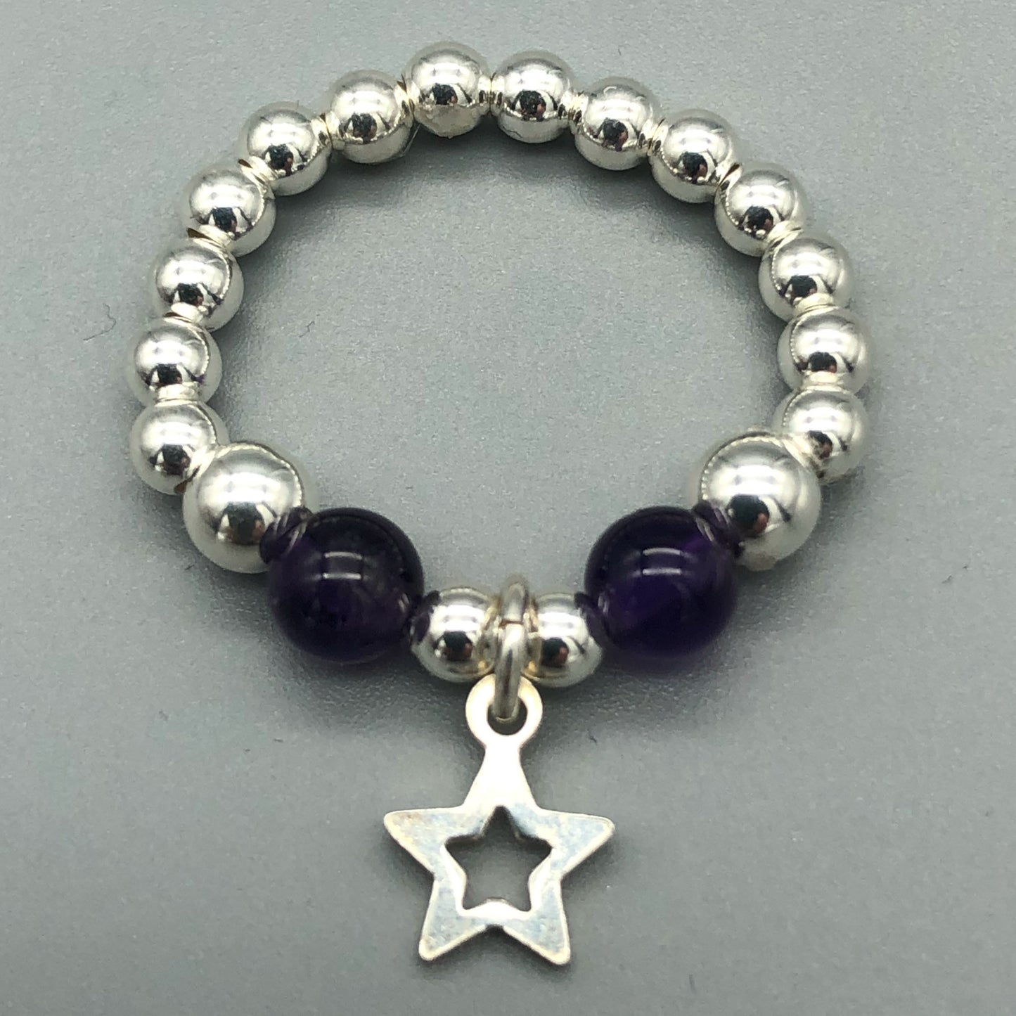 Star charm amethyst sterling silver charm women's bead stacking ring by My Silver Wish