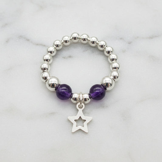Star charm amethyst sterling silver charm women's bead stacking ring by My Silver Wish