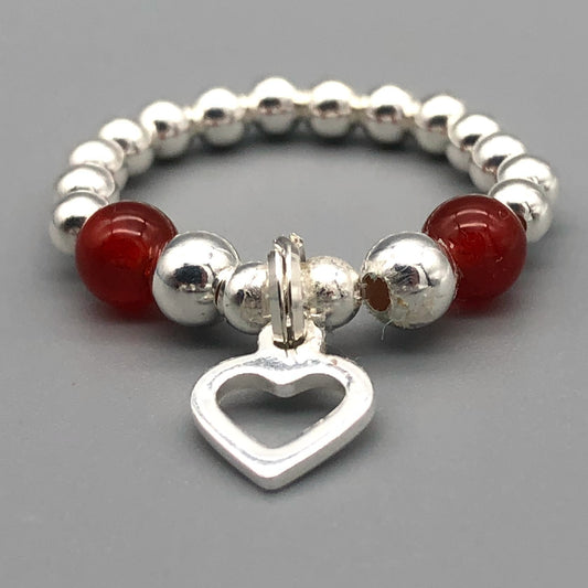 Open heart charm carnelian & sterling silver women's stacking bead ring by My Silver Wish