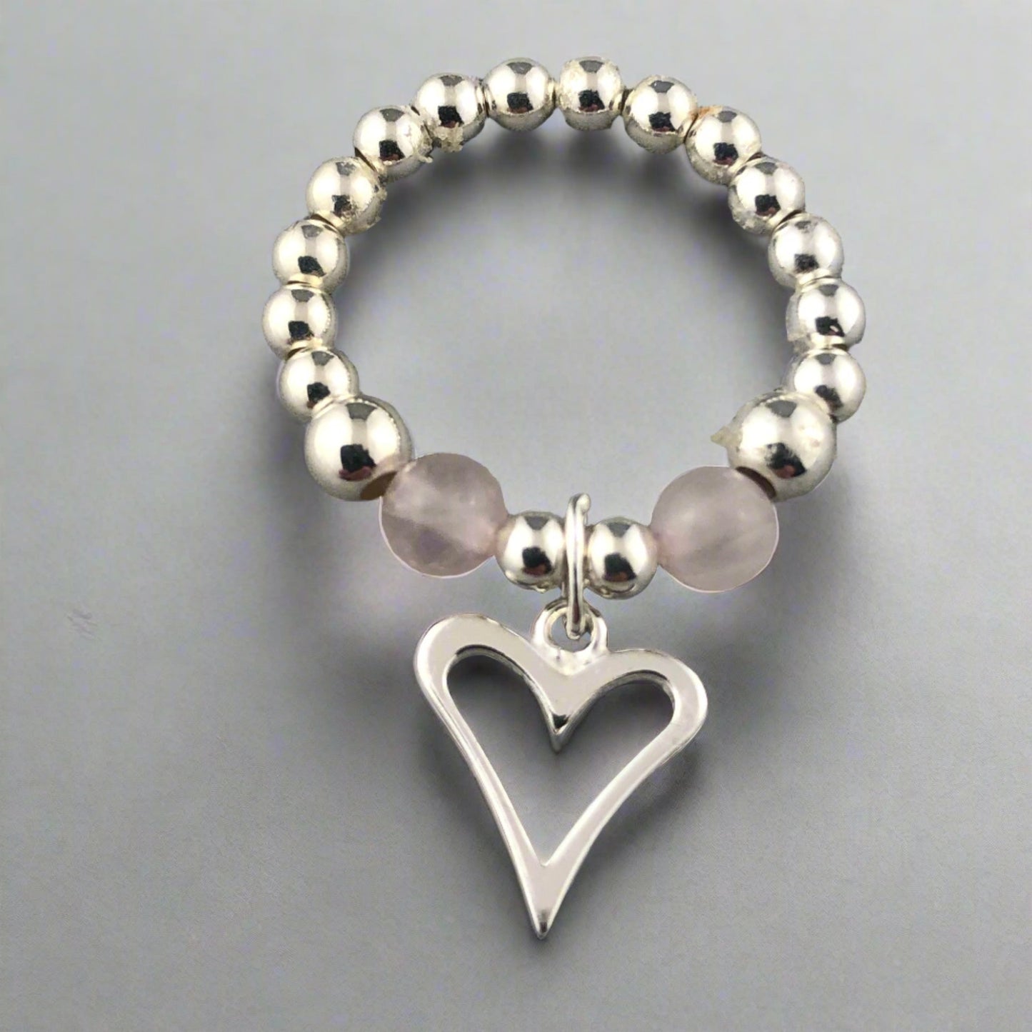 Open heart rose quartz & sterling silver bead women's stacking charm ring by My Silver Wish