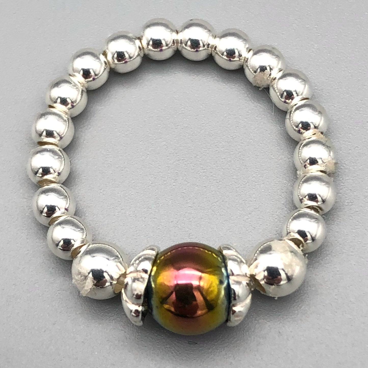 Rainbow hematite beaded sterling silver women's stacking bracelet & ring set