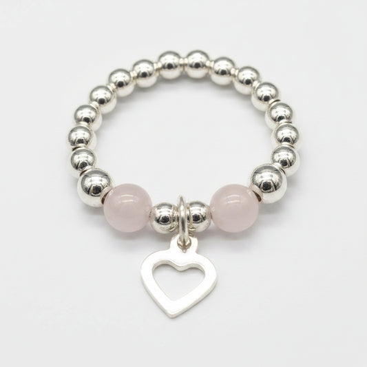 Open heart charm rose quartz & sterling silver bead stacking ring for her by My Silver Wish