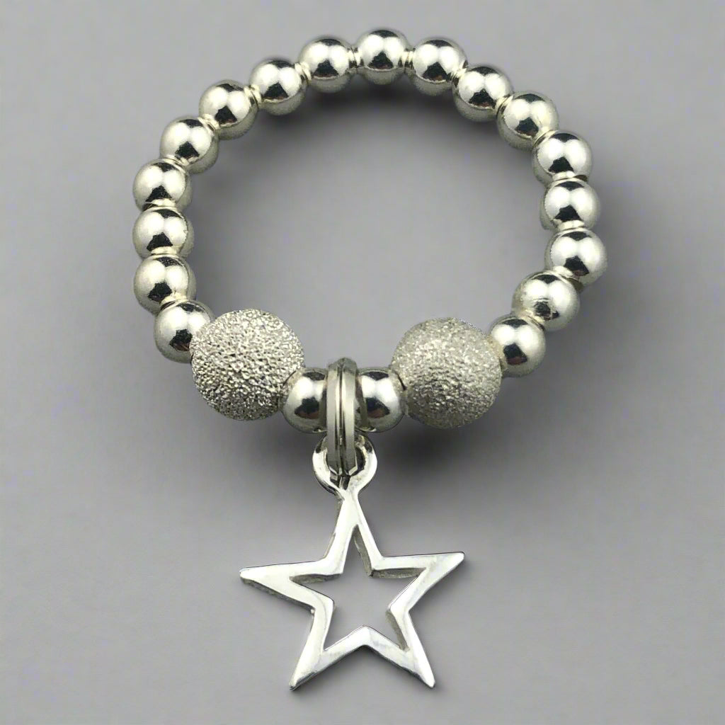 Star charm sterling silver frosted beads girl's stacking ring by My Silver Wish