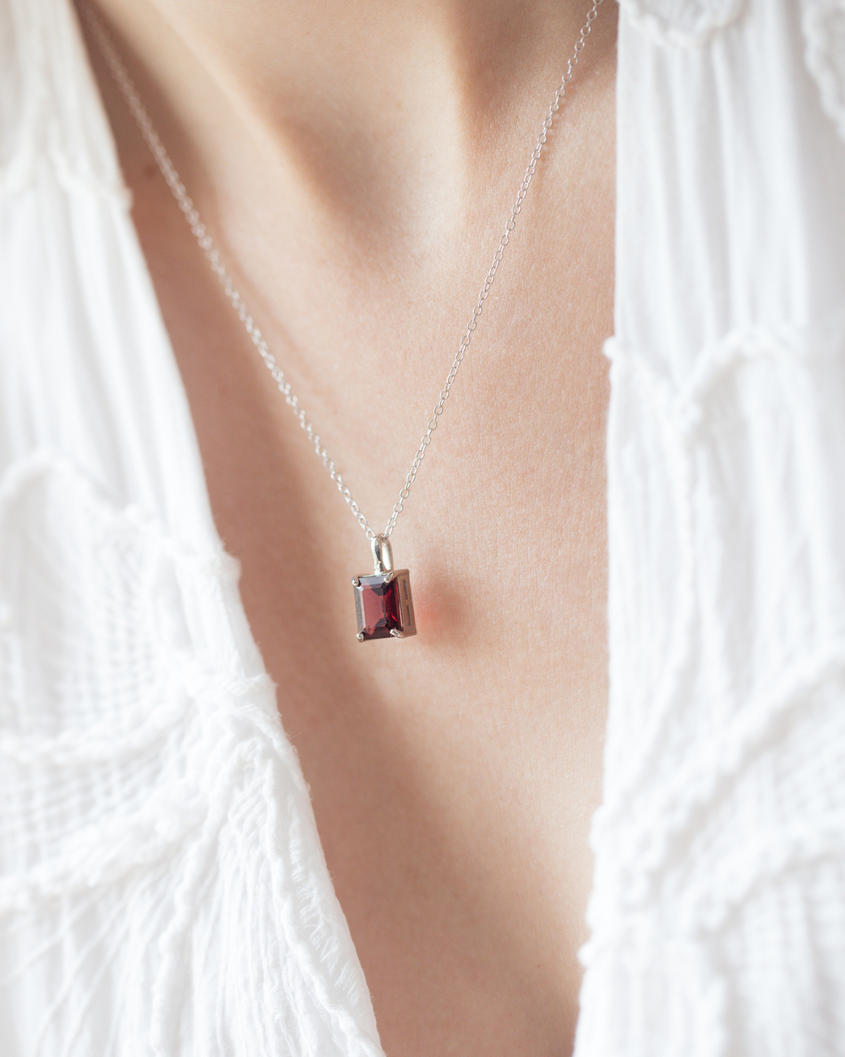 Garnet Emerald Cut Pendant Necklace in Sterling Silver