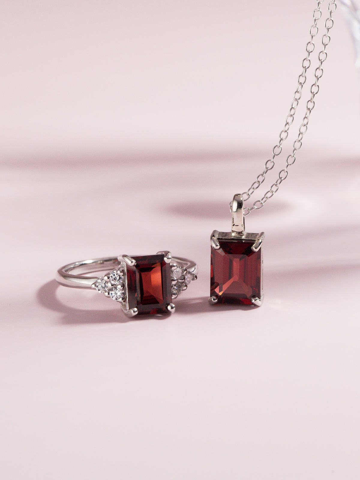 Garnet Emerald Cut Pendant Necklace in Sterling Silver