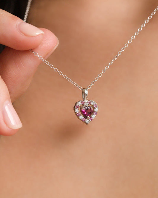 Red Heart Rhodolite Garnet Pendant Necklace in Sterling Silver