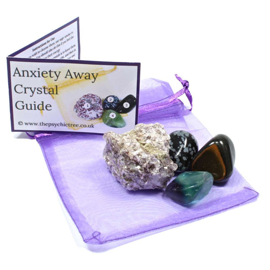 Anxiety Support Healing Crystal Bundle with Rough Lepidolite, Blue Tigers Eye Tumblestone, Fluorite Tumblestone,
Snowflake Obsidian Tumblestone