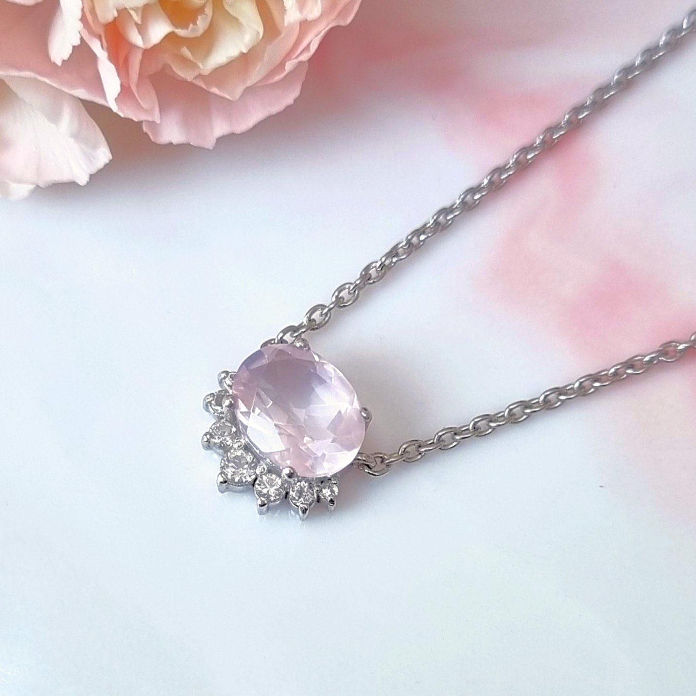 Aria Rose Quartz Necklace in Sterling Silver